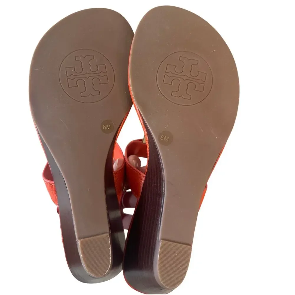 Tory Burch Robinson Demi Wedge Orange T-Strap Sandals 8